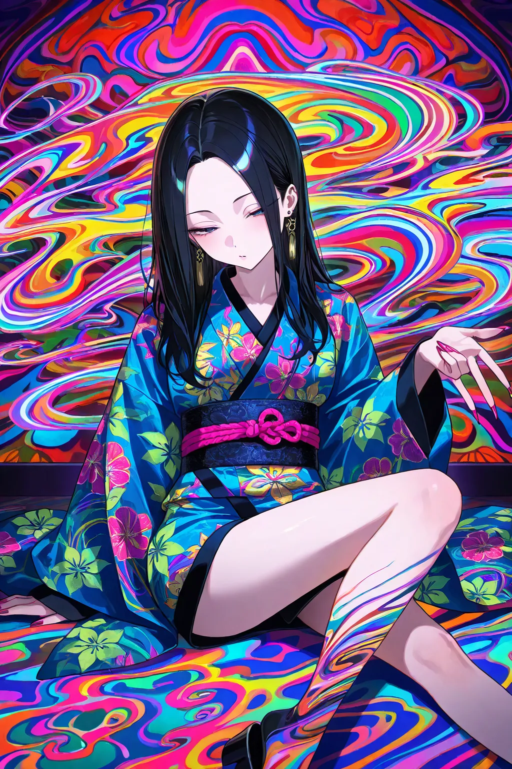 gyaru, cool beauty, black hair, slender body, half-closed eyes, rest, Japanese exotic fashion, tropical motif room, feet out of frame, psychedelic smoke,