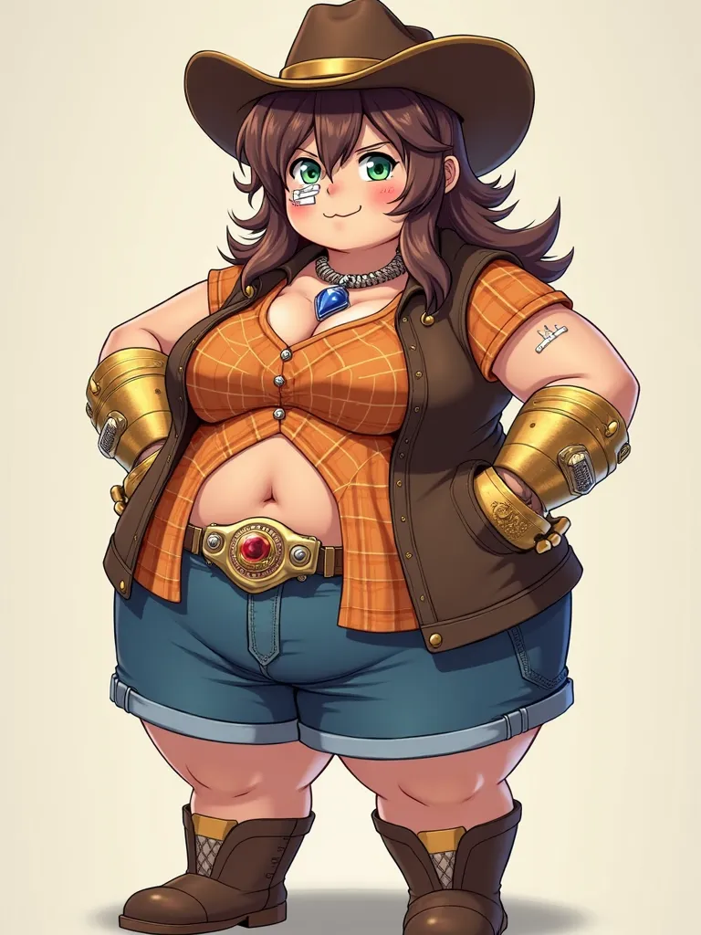 anime obese busty tomboy brown cowgirl hat rough brown long hair right eye covered by red orange yellow highlights green left eye band aid on nose blue fire charm necklace with ruby brown sleeveless western vest orange plaid short sleeve shirt gold robotic...