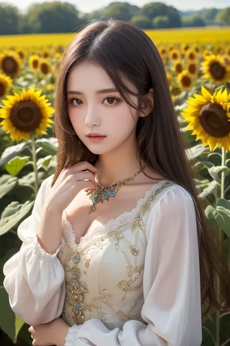 (  Absurdly ,  High Quality  ,  ultra detail  ) ,( Handmade ) ,  One Girl , Alone,  mature,   touch very long hair , Sunflower Hair ,  The beautiful crystal eye in the upper left corner  ( Eye details ) Baroque,  necklace,  long dress ,  Long Sleeve ,  ele...