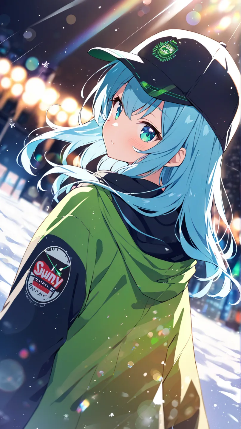 Urban city、In the snow、 Sunny、solo, greenい目, green/Light Blue Hair、Baseball Caps、The way hair flutters in the wind、Dutch Angle,  back view,  lens flare, background blur,  lens flare,  Proximity Method, glitter effect,  sunglasses, 