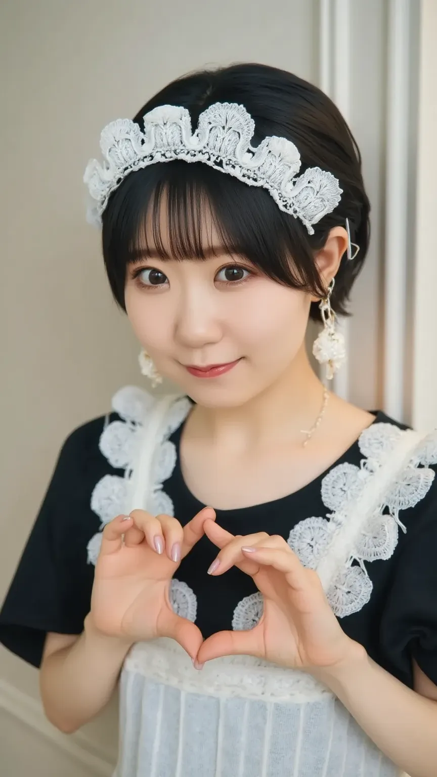 Close-up portrait of a cute young woman with fair skin, wearing a classic black and white maid outfit with lace details, forming a heart shape with her hands near her face, soft facial expression, warm smile, bright eyes, smooth skin, blurred background, s...