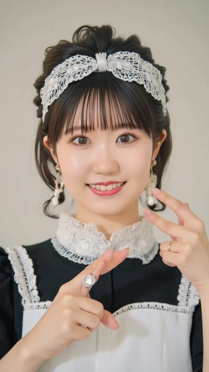 Close-up of a cute young woman with large, expressive eyes, wearing a classic black and white maid outfit with lace details, making a heart shape with her hands in front of her chest, soft and warm lighting, gentle smile, realistic, detailed face, blurred ...