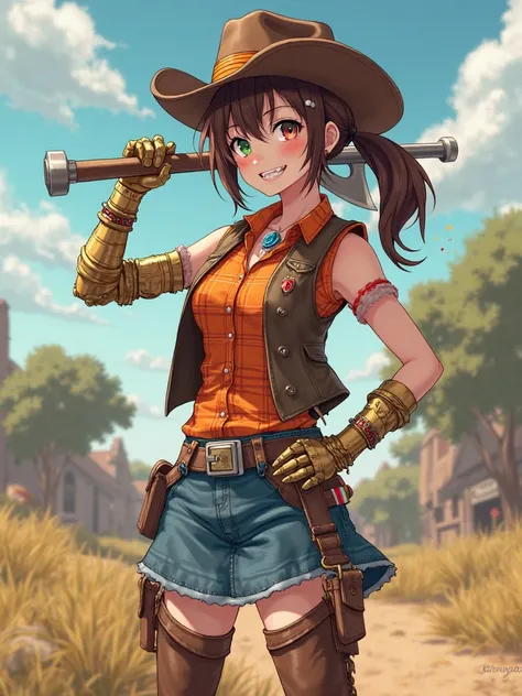 anime busty tomboy brown cowgirl hat rough brown ponytail hair right eye covered by red orange yellow highlights green left eye band aid on nose fang coming out of mouth blue fire charm necklace with ruby brown sleeveless western vest orange plaid short sl...