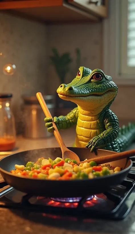 "A hyper-realistic representation of the mini alligator sautéing the vegetables in a skillet with the stove on. He is standing in front of the skillet, stirring the vegetables with a wooden spoon. The oil shines in the pan while the vegetables start to tur...