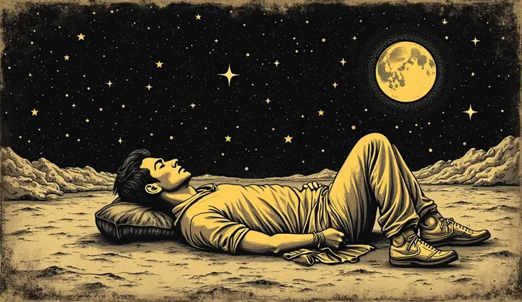 Create a rustic woodcut style image digital art surreal, using only black, beige and yellow colors.

 The image depicts a A serene man sleeping under a starry sky. The sky is full of stars and there is a moon in the sky.


The image conveys a feeling of be...