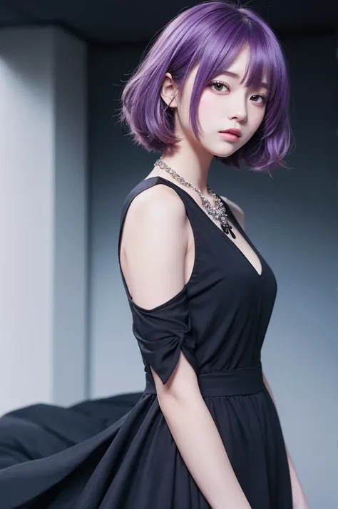 TOP QUALITY、anime style、black background with purple thunder、light purple hair、short hair、 black eyes、Beautiful girl in her early teens、black dress、Red Necklace、 No Eye Highlights 