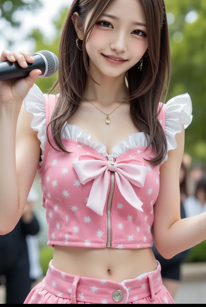 A view from a distance　High school girl idol singing and dancing energetically in the park　Black, silky hair　Show your amount　Spectator&#39;s perspective　A cute costume that doesn't reveal much skin　Realistic sweat　unbelievably high definition,   hold a mi...