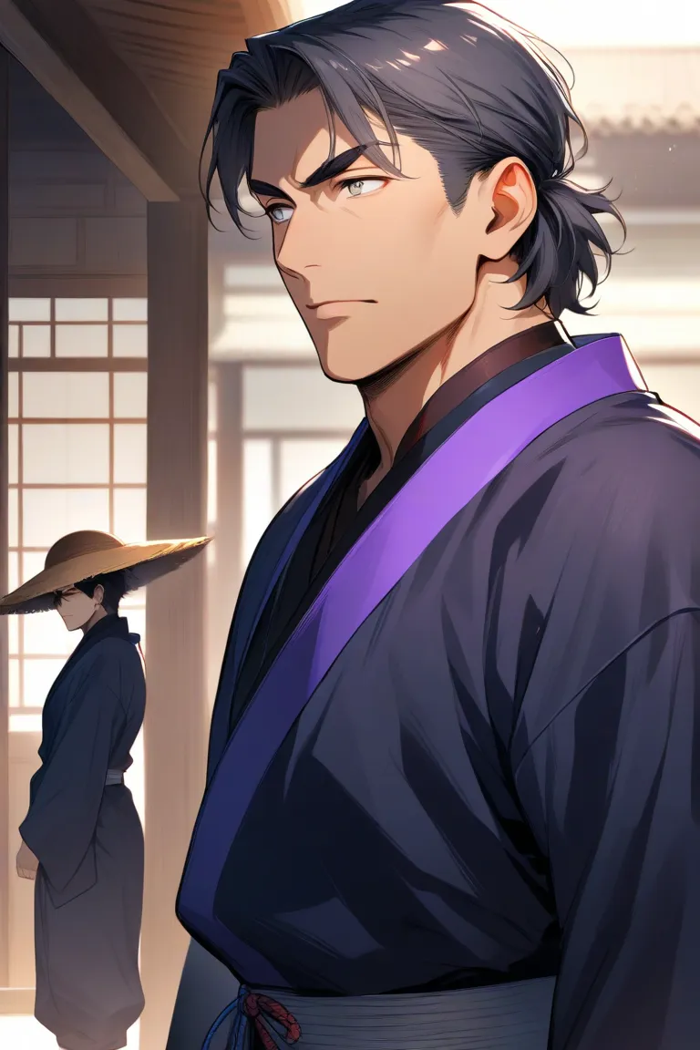  Middle-aged man , ninja, athletic build with slightly tanned skin, with narrow grey eyes and dark prickly hair, with a straw hat and dark robes. The image must be half his height.