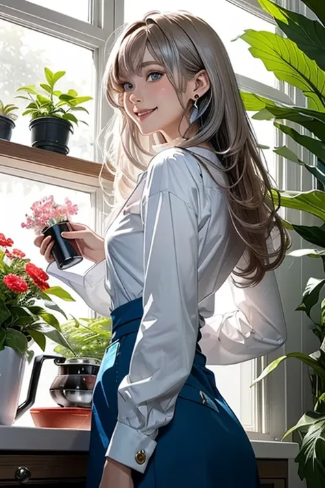 (from below:1.4),((1girl, silver hair, long hair, qutel blue eyes, beautiful eyes, pretty smile:1.5, ), coloring watercolor digital pencil ,Cherry blossoms falling,an animated painting of a woman in an apron standing at a coffee maker, 1girl, brown hair, s...