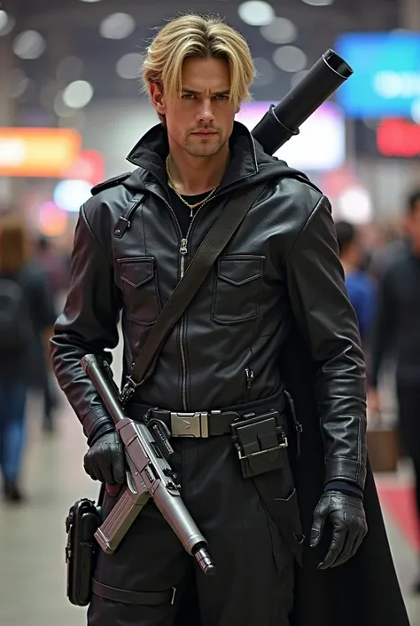 there is a man dressed in a costume holding a gun, full body with costume, professional cosplay, jetstream sam from metal gear, anime cosplay, full-cosplay, from ff7, dante from devil may cry, character from king of fighters, anime convention, there were e...