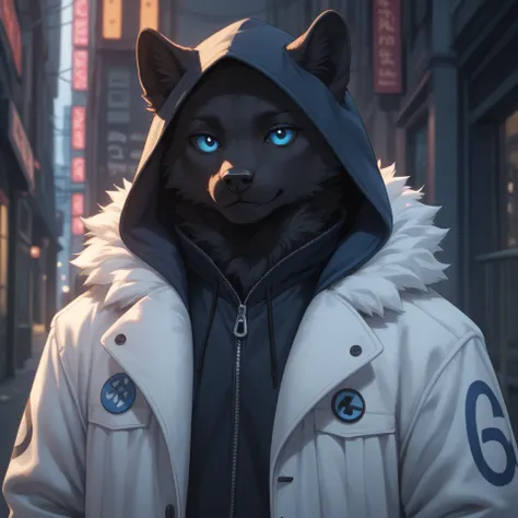 A anime-style character, black strings dripping from black eye-pockets, blue pupils, long white fur coat with circle neon blue symbols and lines, hood wore-on with black fur on edges, 