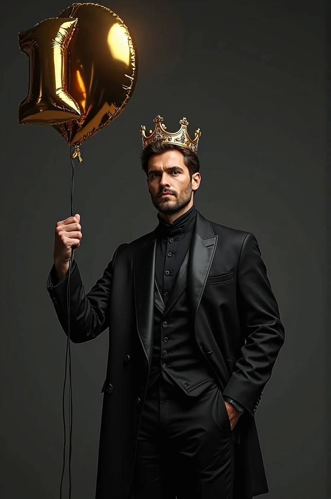 Handsome man dressed in black with a king's crown on his sexy head and a helium balloon with the number 1 in his hands 