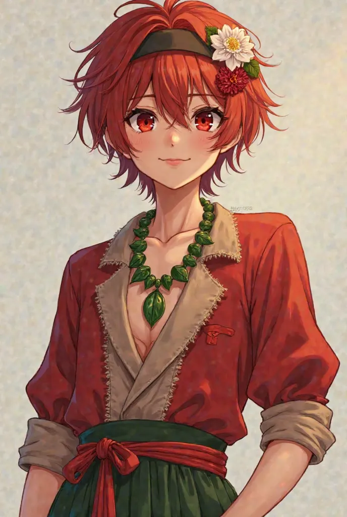 Semi-realistic: 18 year old, with feminine features, full body, short red hair with flowers on his head, slightly strong, with a defined belly, with red and green vintage clothes, red iris eyes, has a dark, sensual smile, has green leaf necklaces, is a lit...