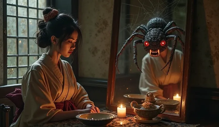 A beautiful Japanese woman in a dimly lit, traditional tea house, sitting elegantly in a silk kimono. But in the reflection of a nearby mirror, her face morphs into a monstrous spider with glowing red eyes and sharp fangs. The walls are subtly covered in s...