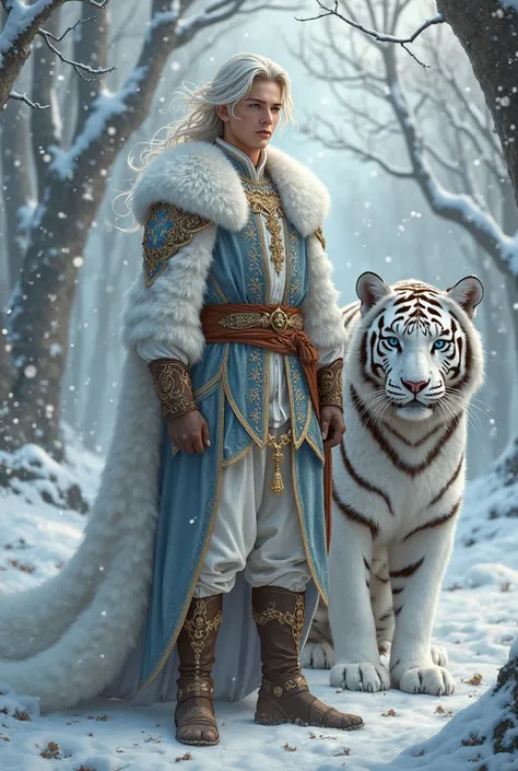 Handsome and tall young prince, Middle Ages, snowy environment,  elegant clothes , next to a big white tiger, White hair, blue eyes, 15th century, Curtain Mullet haircut