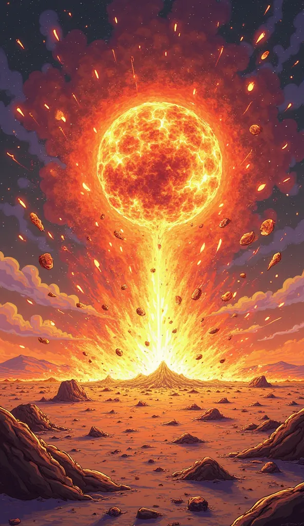 A fiery explosion erupting from the ground as the asteroid impacts, sending debris flying, a desert landscape being torn apart by the blast, Vibrant Digital Doodle, bright oranges and deep purples with glowing embers, chaotic and thrilling.