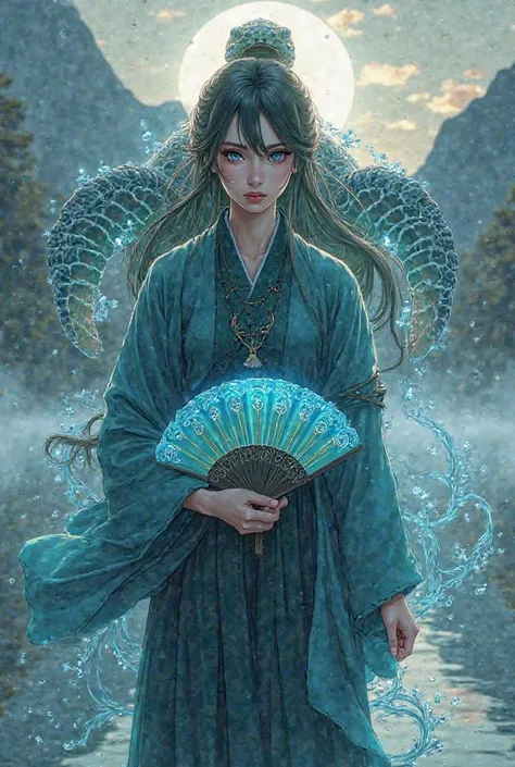 "A highly detailed and realistic illustration of Aomi, the calm and analytical ninja embodying the Water Turtle spirit. She wears a flowing teal and navy-blue traditional ninja attire (shozoku) adorned with intricate wave and turtle shell motifs. Her long,...