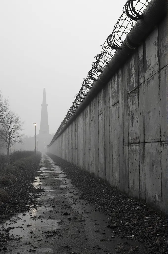 Black-and-white footage of Berlin Wall with barbed wire