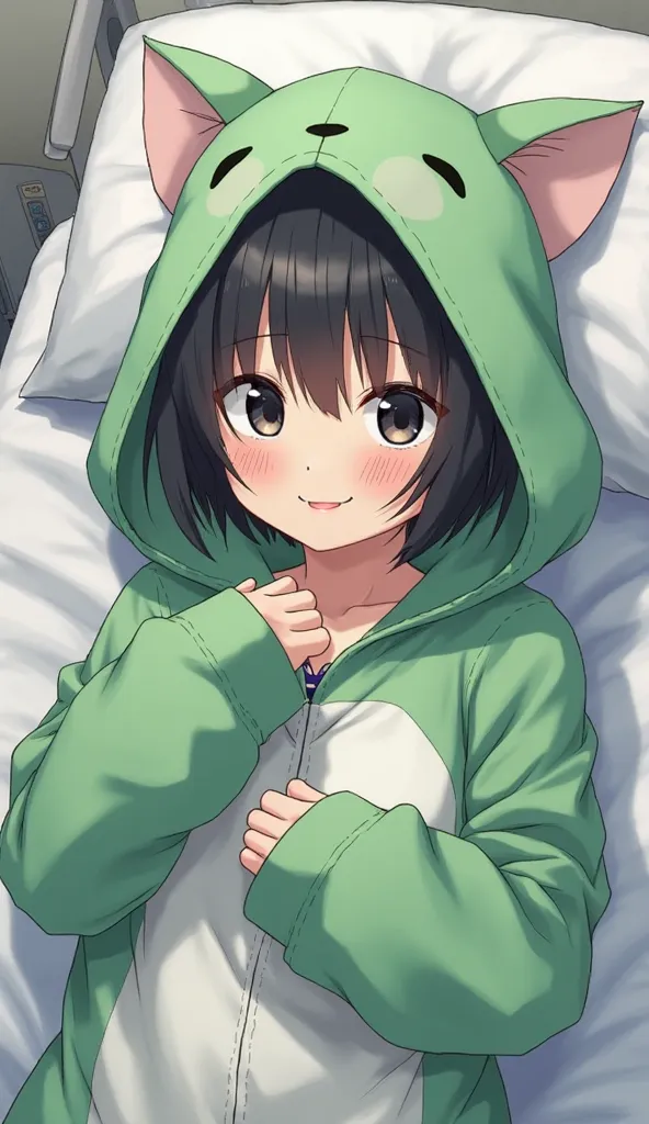  dark black hair, black eyes,hospital room bed,1 girl, high definition,, textured skin, very detailed, shortcuts,Petite, Low, middle school student,No breasts,slender,green fox costume pajamas,big hood、Baggy, short hair,I have a ,spreads her hands and smil...