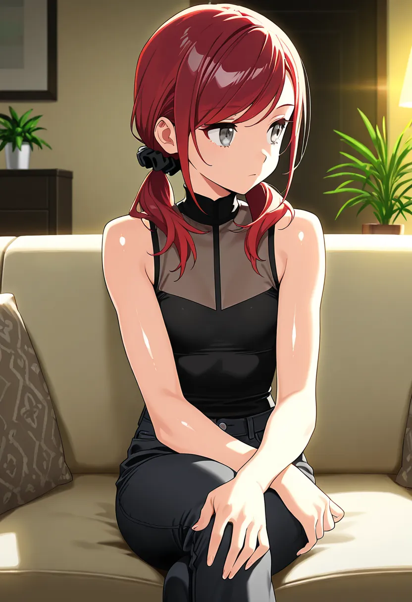 masterpiece, best quality, amazing quality, solo, 1 expressionless girl, looking to the side, beautiful face, Gray eyes, red hair, swept bangs, low twin tails, hair scrunchie, transparent black sleeveless shirt, black jeans, small breasts, slightly toned a...