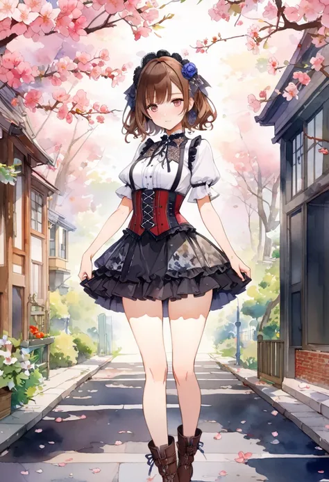 (((nsfw)))、 (((watercolor))), (((gothic))),      tree々Woman standing on a street surrounded by   、  seductive scene  ,       Decorate with hair accessories       、         The pose is medium length        ,    Wavy brown hair ..。.。Super mini skirt with fri...