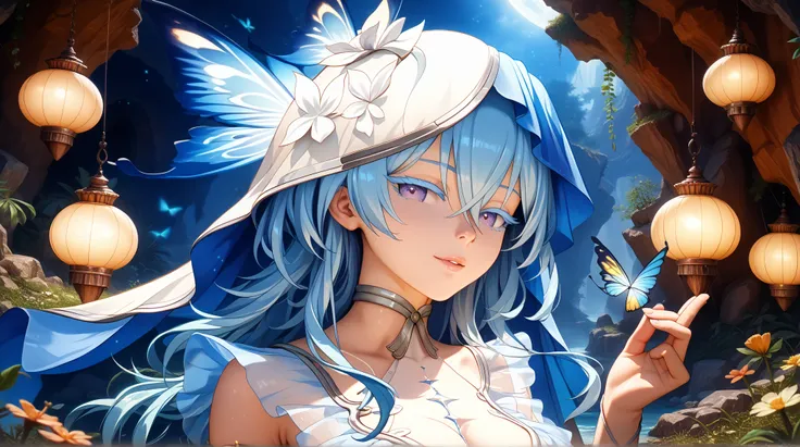 shorekeeper, blue hair, colored eyelashes, purple eyes, hair between eyes, long hair, breasts, veil, criss-cross arm straps, see-through, heel-less heels, glossy skin, glistening skin, looking at viewer, Tempting body, butterfly blue, good atmosphere, coas...