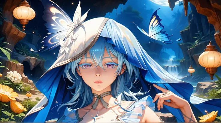 shorekeeper, blue hair, colored eyelashes, purple eyes, hair between eyes, long hair, breasts, veil, criss-cross arm straps, see-through, heel-less heels, glossy skin, glistening skin, looking at viewer, Tempting body, butterfly blue, good atmosphere, coas...