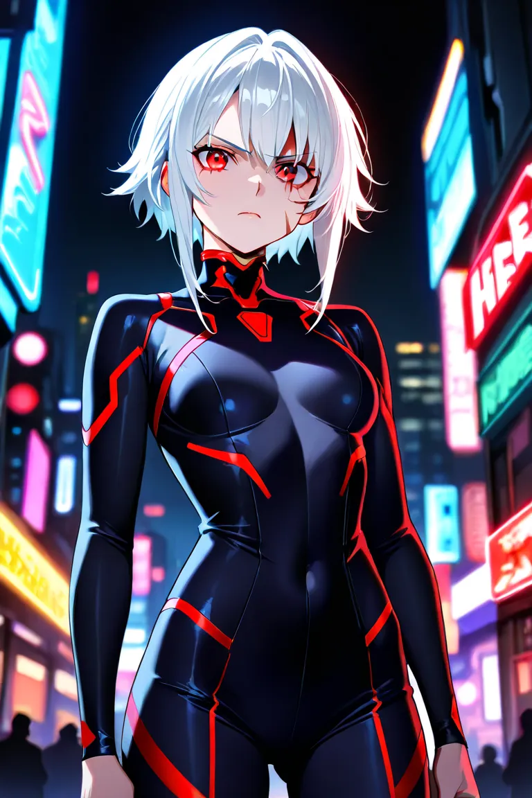  girl with white hair,  with red eyes,  left cheek scar 