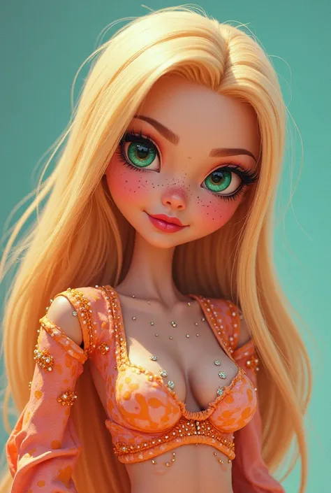 Blonde Bratz girl with green eyes and freckles 
