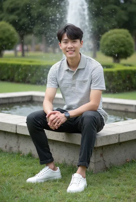  Full professional photography of a Korean guy,  Striped polo shirt, black jeans white sports shoes she is sitting smiling on the bench 
Lawn garden background and water fountain on the side 