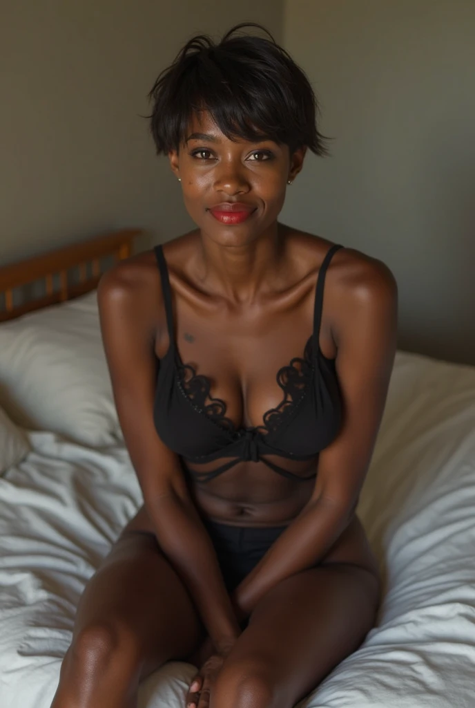 mujer of 19 años con cabello corto que llega a los hombros, of 1. 55 in height,  black skin,  thin, sitting in the corner of a bed wearing a black transparent top,  FLAT ABDOMEN , Large breasts of cup C, you can see the nipples, Arms up,  Staring straight ...