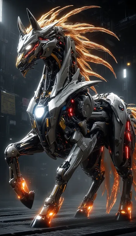 A stunning, ultra-realistic 3D render of a hybrid creature combining a powerful horse with Iron Man-inspired futuristic armor. The horse has a sleek, metallic exoskeleton with glowing red and gold accents, intricate mechanical joints, and an arc reactor em...