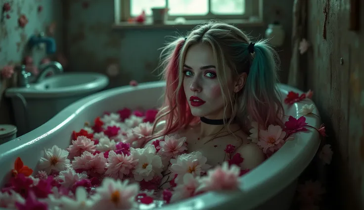 ((30 years old female in the style of Harley Quinn)) (covered by blossoms) in a in a (tub) of a very run-down bathroom