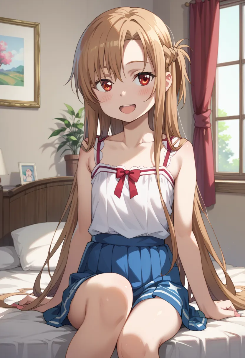 ((TOP QUALITY)), ((masterpiece)), (be familiar with), perfect face, indoors, bedroom, watching viewers,
One woman, Asuna Yuki,
open mouth, ecstatic expression, blush, smile,
 small tits, flat chested, Young girl,  lori,  ,  girl,
 long hair, long hair,
 op...