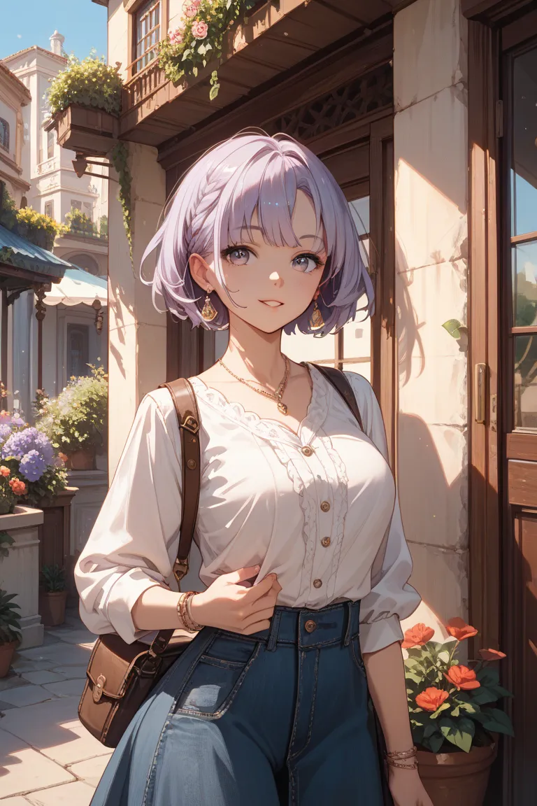 A beautiful and cute woman with light purple short hair　Take a walk with Maltese　garden　Eyes are large 　casual clothes