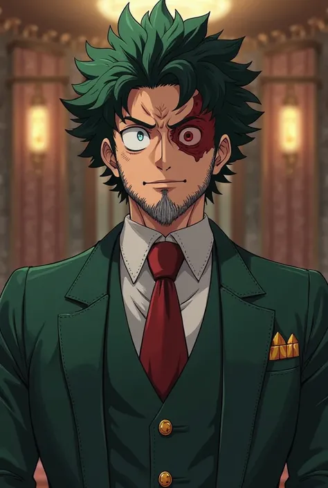 Izuku Midoriya of My Hero Academia, 40 years old with an unshaved beard and a large scar on his eye, dressing elegantly 