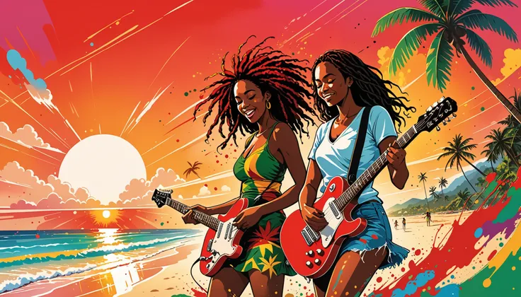  vector art,   lots of Jamaican reggae  ,   authentic Jamaican reggae music vibes，  color illustration ,  Vine ,  bright colors,   paint splatters and stains  , high detail, 
Bright Red Sunset,Palmeras, beach,Picture of a woman and man playing electric gui...