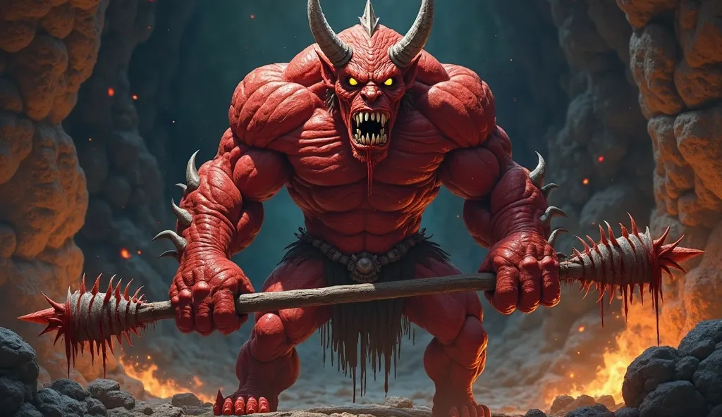 A monstrous, red-skinned Oni demon standing in a dark cave, its massive muscular body covered in scars. It has two sharp, curved horns on its forehead, glowing yellow eyes, and a mouth filled with jagged teeth. In its hands, it grips a giant spiked club, d...