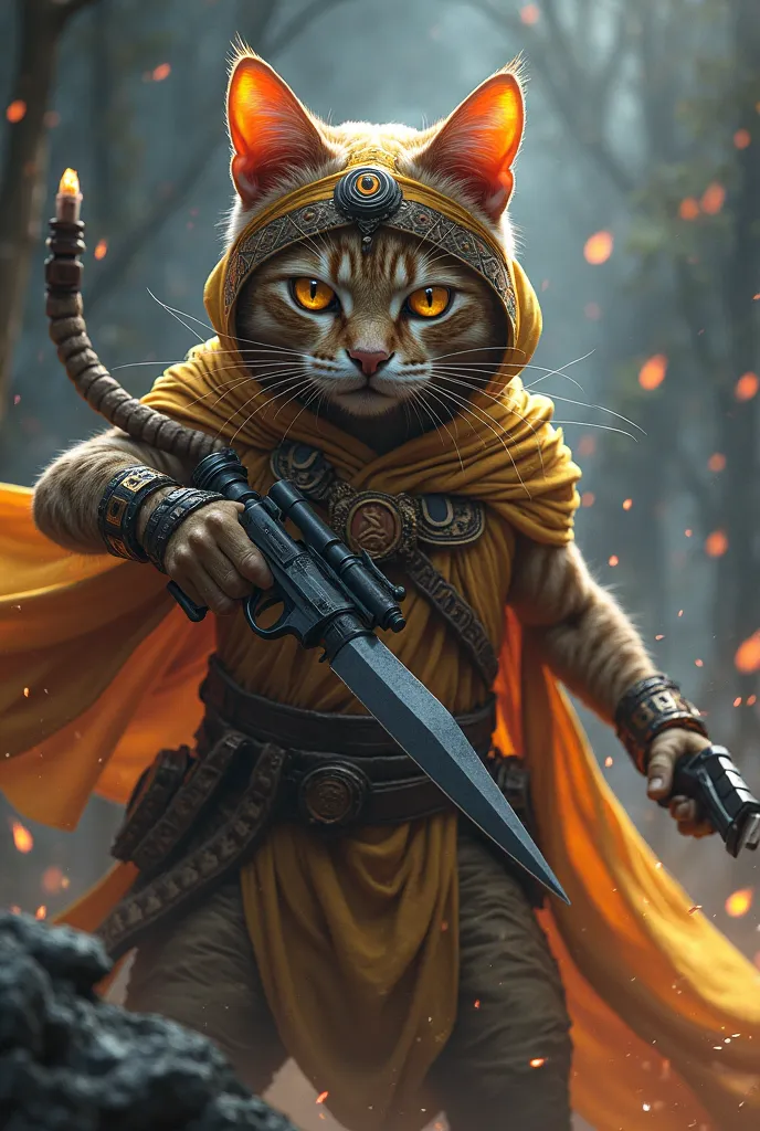 A fighting cat, armed with a short knife, a cloak, a fire eye, a turban, a pistol, a magic bullet control.