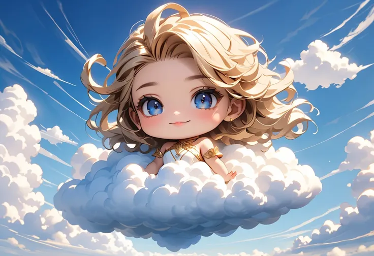  Masterpiece, Top Quality, Created in High Resolution, 4K, 8k, realistic, photorealistic: 1.5, floats into the air, Deep blue sky,((The goddess of clouds who lies on the clouds、I'm going to cheer)),((deformed character, chibi style, anime style,  fantasy))