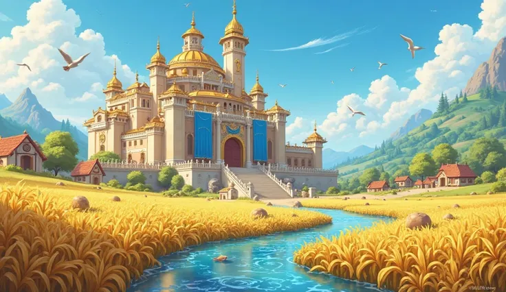 A grand palace stands tall in the heart of a peaceful village, surrounded by golden wheat fields and flowing rivers. The palace has tall golden towers, large blue banners, and a grand entrance with royal guards. The sky is bright and clear, with birds flyi...