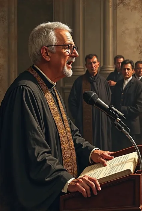 Vignette 4: Preaching Justice

Scene: Close-up of Father Antonio in the pulpit,  speaking with passion . In the back, dark figures observe with suspicion.
 Description : Highlights his courage in condemning violence in the midst of conflict.
text: “The fat...