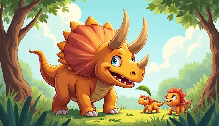 A cheerful Triceratops with three large horns munches on green leaves. He happily chomps with a big grin while little dino friends watch and giggle. The trees sway gently in the breeze. bold, playful letters. Colorfun, funny, cartoon style