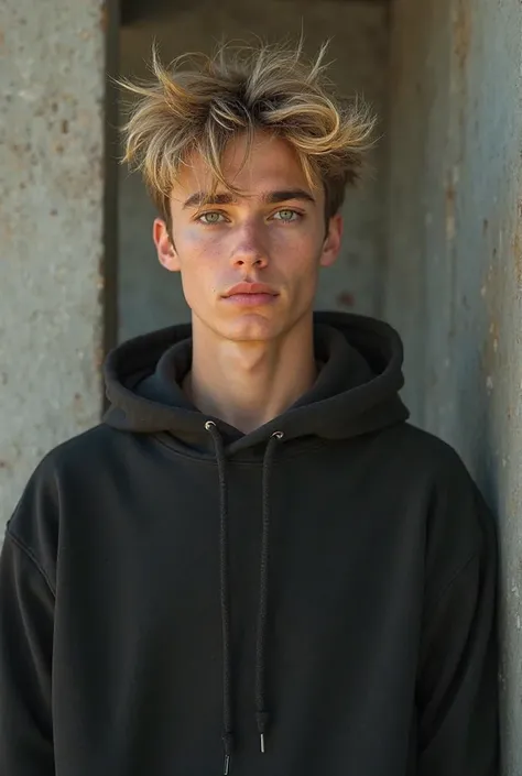 22 year old real man,eyes: dark green.hair: Messy blonde.
Clothing: Oversized black sweatshirts, Nike sneakers.