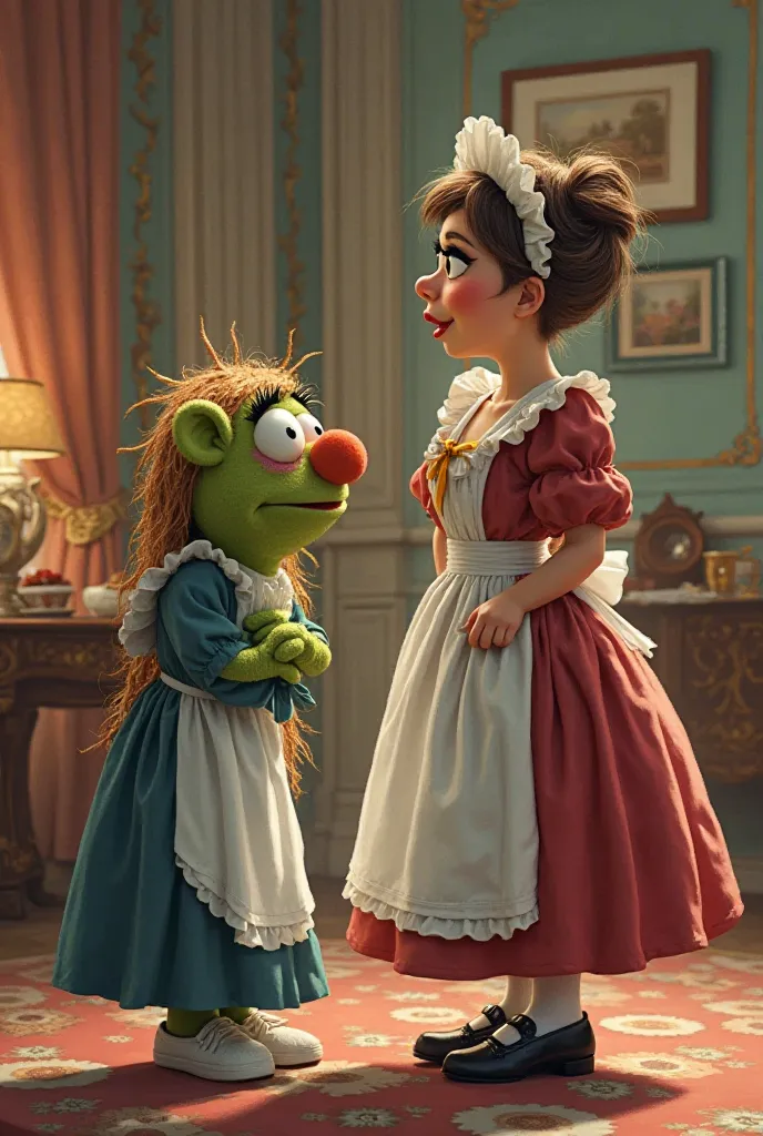 Draw an illustration of a muppet putting her face in a skirt because she has a crush on a maid