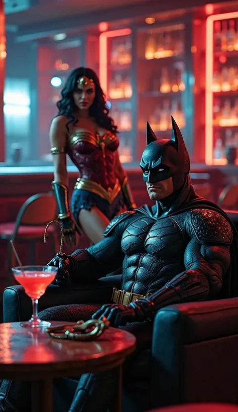 "A cinematic and atmospheric scene in a high-end, dimly lit bar. Batman is seated in a plush VIP sofa, his iconic suit slightly relaxed, with the cowl pushed back to reveal his jawline. He holds a sophisticated cocktail in a fancy glass, taking a sip with ...