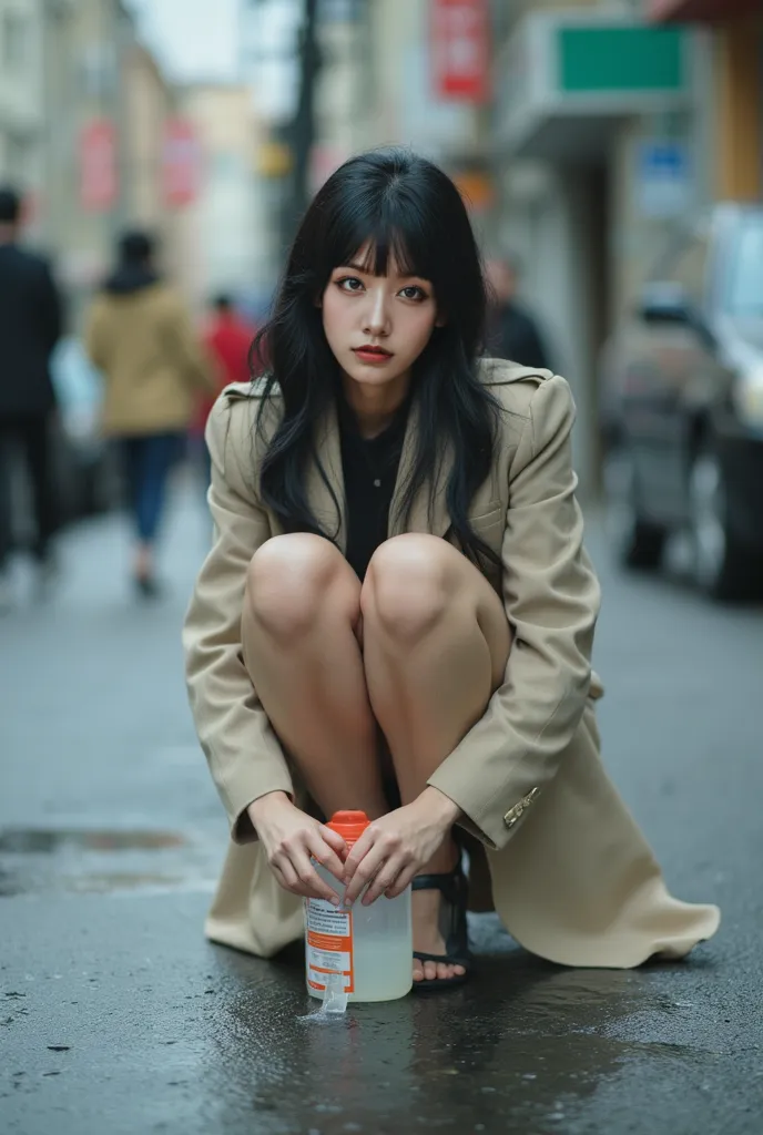 4K raw photo .  In this natural photo 、while being watched by many people in the city、A very young Japanese woman 、the woman crouching in the middle、She spreads her legs、dripping urine into the beaker。looks embarrassed、 her gaze is slightly turned to the s...