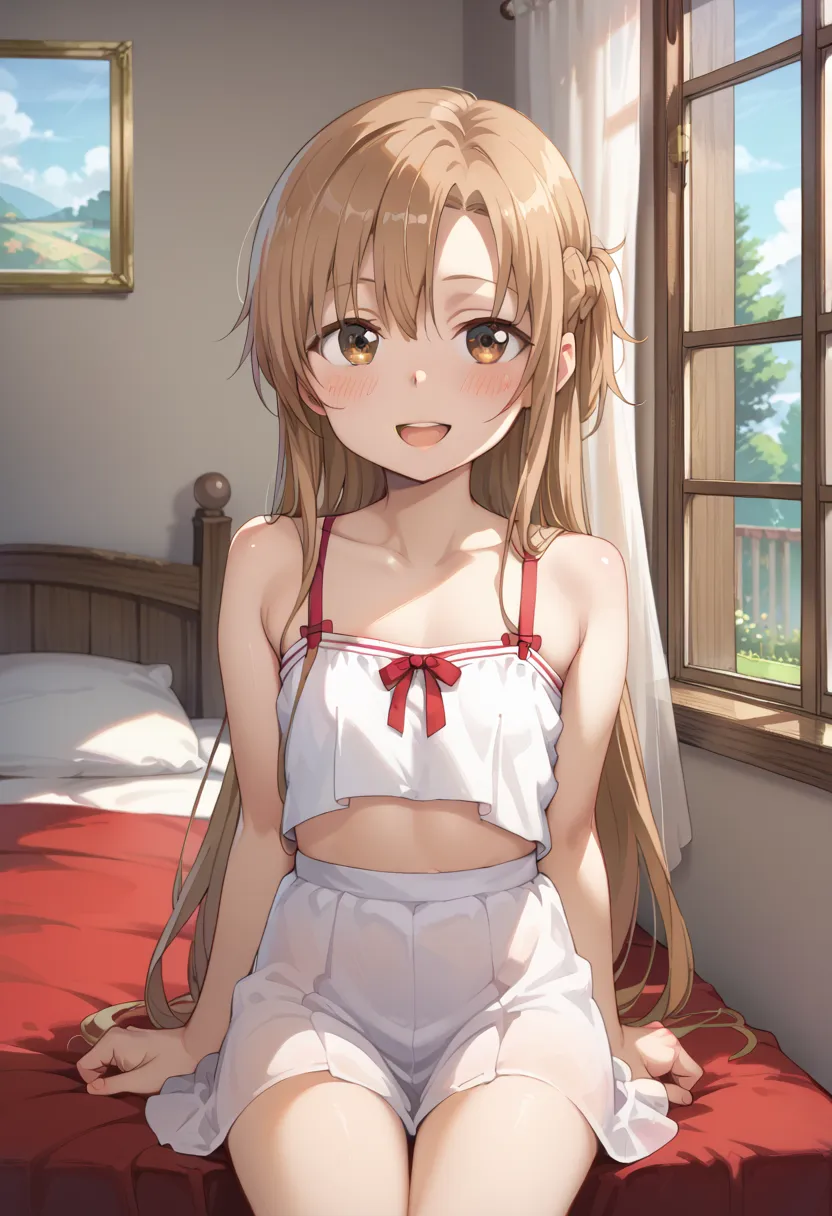 ((TOP QUALITY)), ((masterpiece)), (be familiar with), perfect face, indoors, bedroom, watching viewers,
One woman, Asuna Yuki,
open mouth, ecstatic expression, blush, smile,
 small tits, flat chested, Young girl,  lori,  ,  girl,
 long hair, long hair,
 op...