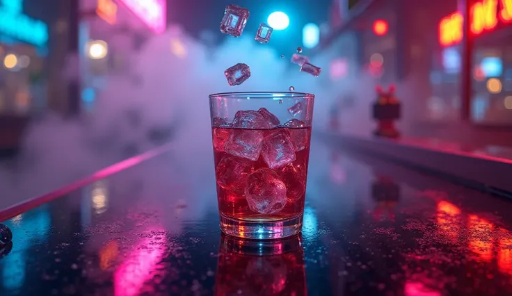  city.  Some neon lights and party smoke in the air, a drink glass with ice falling inside it, on a black table with light and smoke reflection 