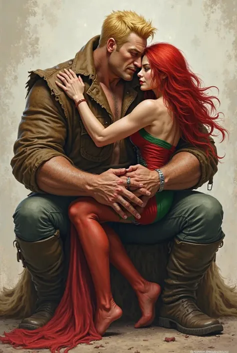 couple, An extremely strong , blonde, Wearing a brown overcoat, with thick legs and a redhead with red and green clothes, Sitting on his lap hugging him.